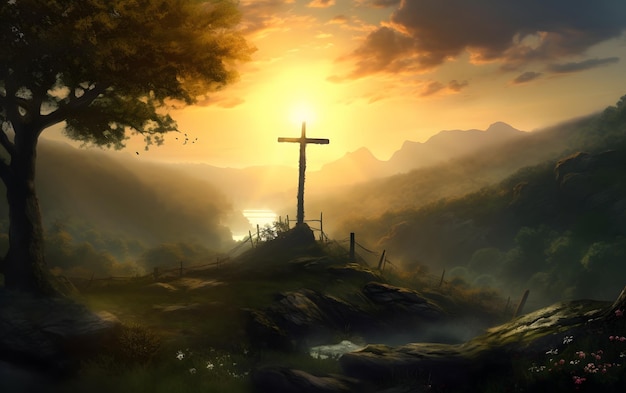 A cross in the mountains at sunset
