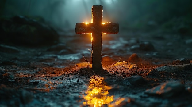 Cross at night with lights