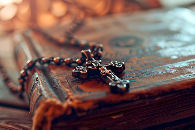 A cross pendant necklace laid on an aged Bible against a holy cross background with a blurred effec