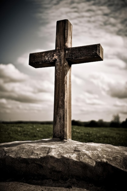 A cross on a rock in a field