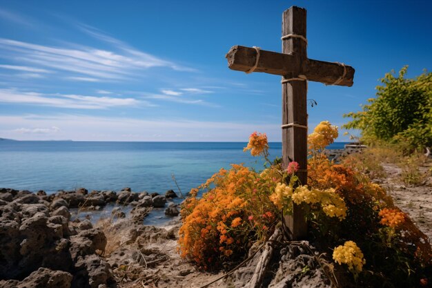 Foto una croce su una roccia vicino all'oceano