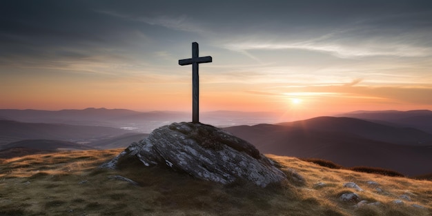 a cross on a rock