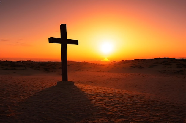 A cross in the sand at sunset Christianity