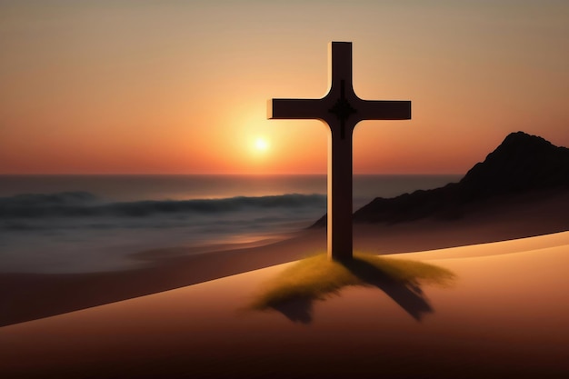 A cross in the sand with the sun setting behind it