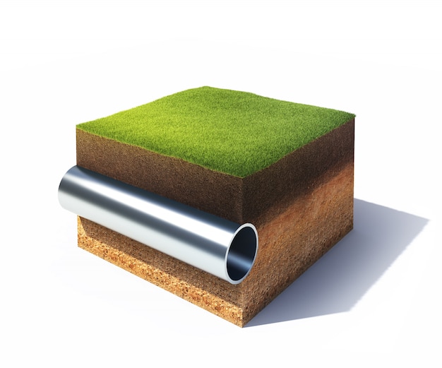 Cross section of ground with grass and steel pipe isolated on white