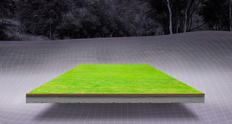 Photo cross section image of grass yard brown soil and and concrete