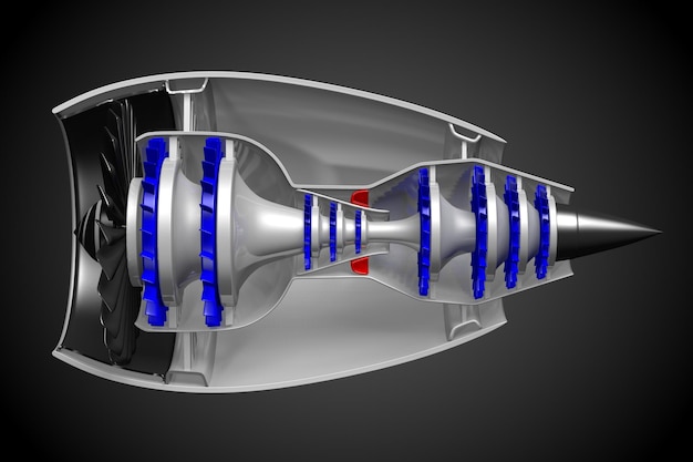 Cross section of jet engine isolated on black background