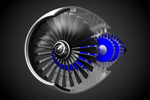 Cross section of jet engine isolated on black background