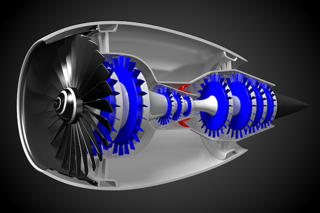 Cross section of jet engine isolated on black background