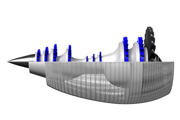 흰색 배경에 고립 된 제트 엔진의 단면