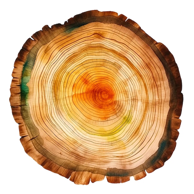Фото Поперечное сечение ствола дерева выполнено в стиле акварели на белом фоне