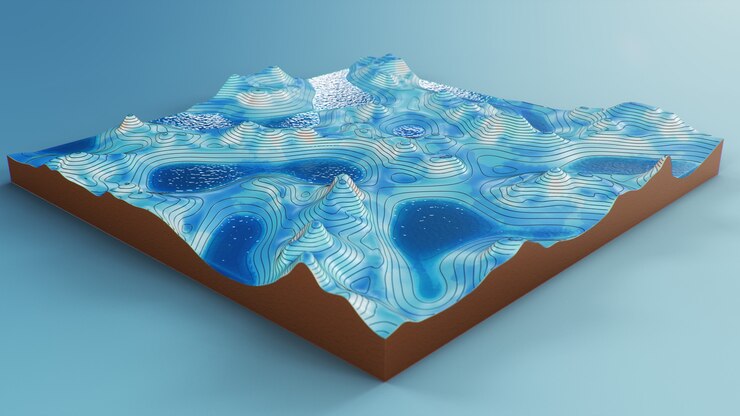 Photo cross section topographic 3d map with water. contour lines on a topographic map