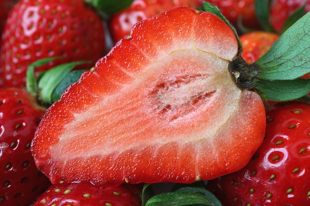 Cross Section of Vibrant Red Fresh and Juicy Ripe Strawberry