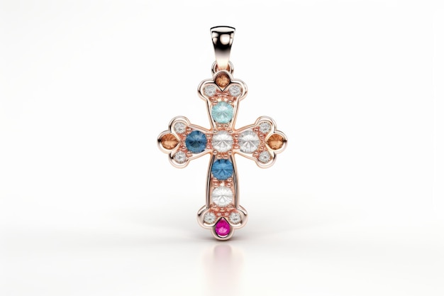 Cross Shaped Pendant With Multicolored Stones On a White or Clear Surface PNG Transparent Background