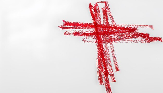 Foto segno di croce disegnato con marcatore rosso isolato sulla vista superiore bianca