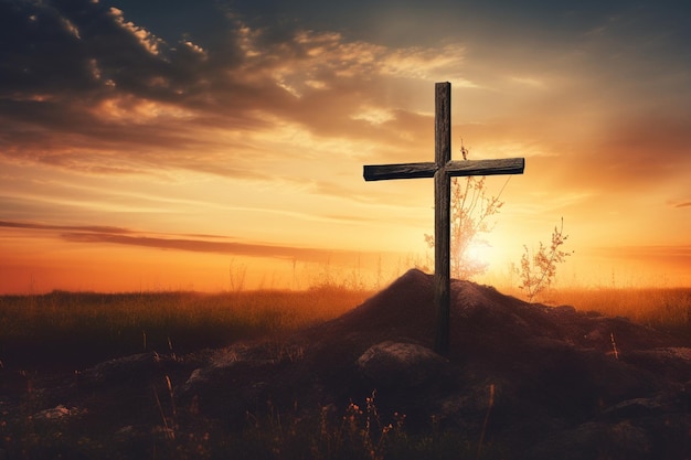 Cross silhouette in nature over sunset