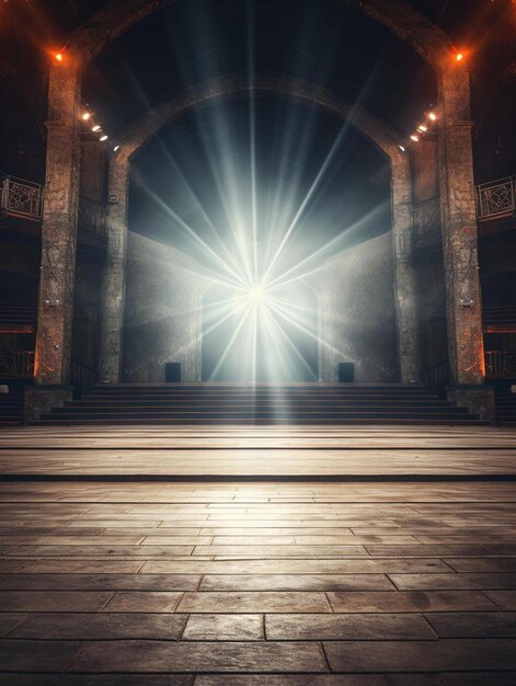 a cross on a stage with a light shining in the background.