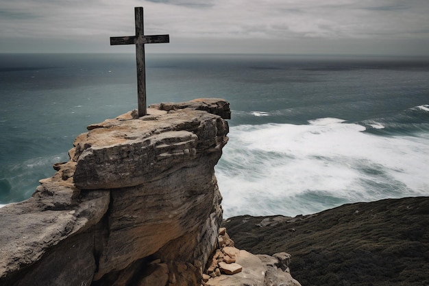 A cross standing on the edge of a dramatic cliff overlooking a vast ocean or canyon 1