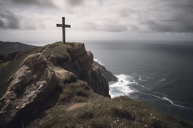 A cross standing on the edge of a dramatic cliff overlooking a vast ocean or canyon 3