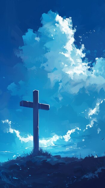 A cross stands prominently in the center of a cloudy sky with rays of light breaking through the overcast weather creating a solemn and dramatic scene Generative AI