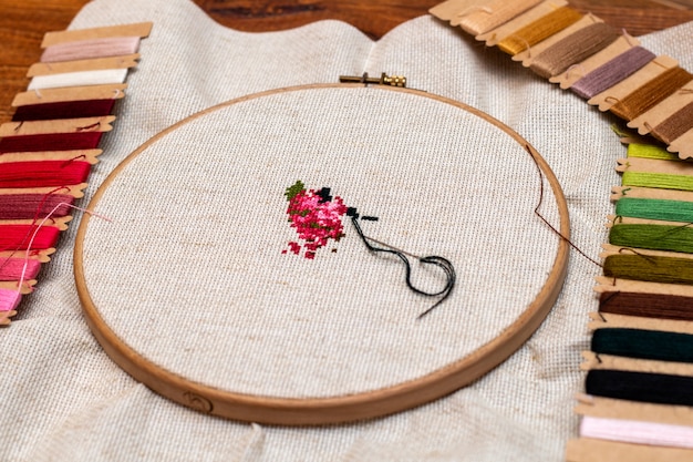 Cross stitching embroidery process