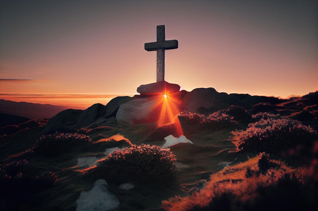 Cross on the stone at sunset Cross on the stone at sunsetgenerative ai