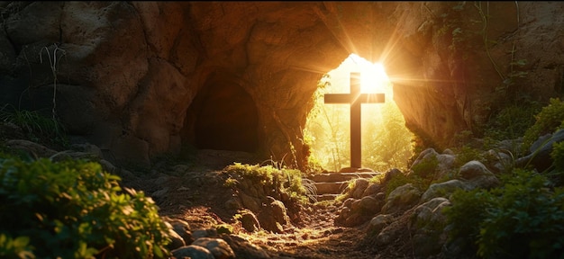 a cross and sun rise outside a cave