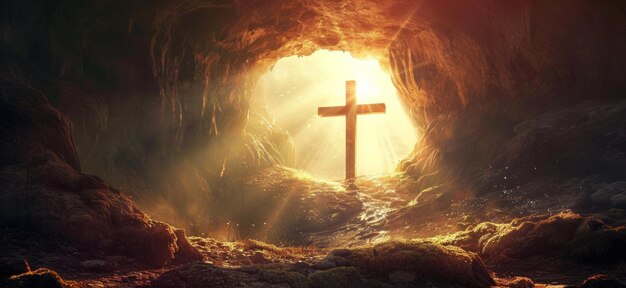 a cross and sun rise outside a cave