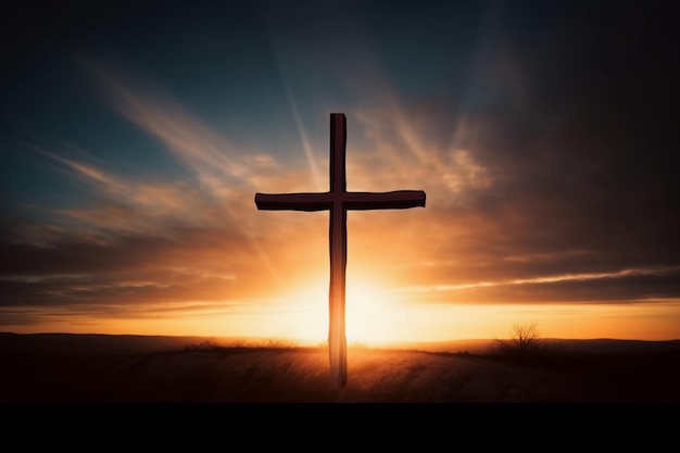 Cross at sunset in a field Christian worship concept