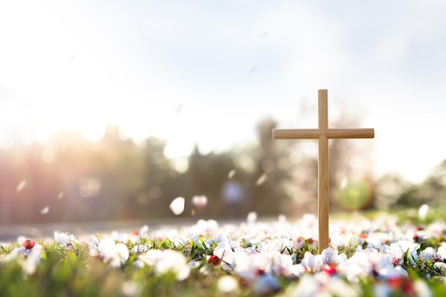 Croce che simboleggia la morte e la risurrezione di gesù cristo, fiori primaverili che cadono petali e bri