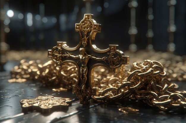 A cross on a table with a bunch of gold chains