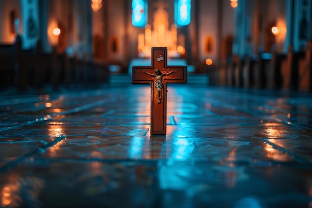 A cross on a tiled floor in a church with lights in the background and a blue light shining on the