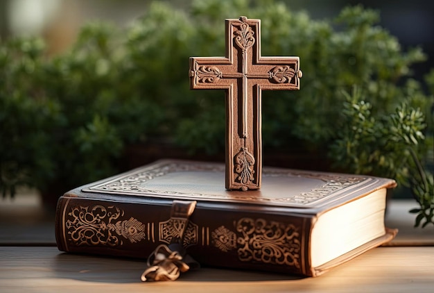 the cross on top of a bible in the style of wood