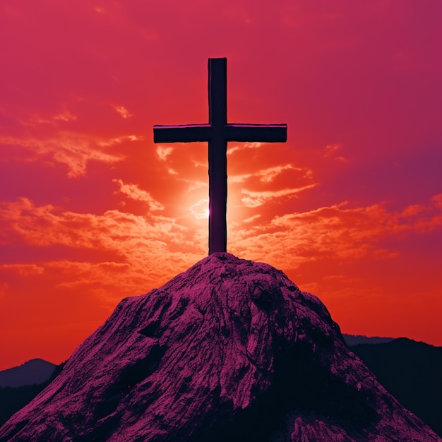 A cross on top of a hill overlooking a sunset
