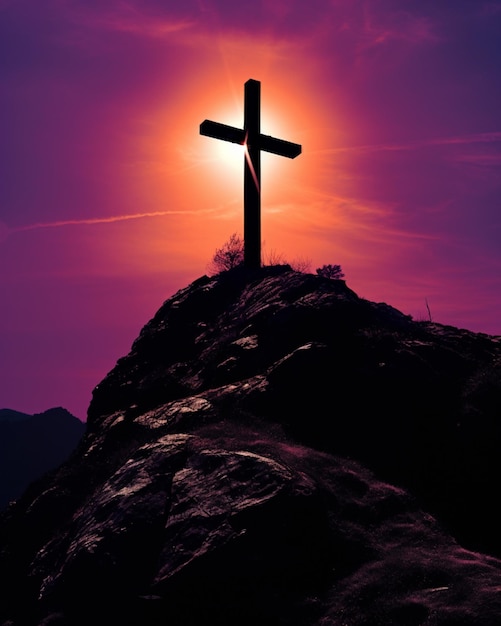 A cross on top of a hill overlooking a sunset