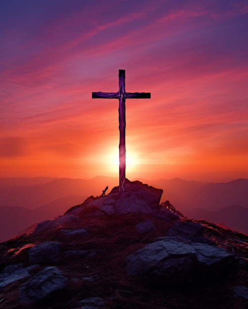 A cross on top of a hill overlooking a sunset