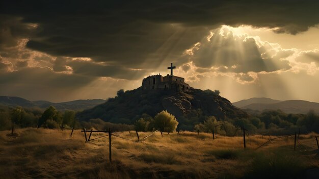 Foto croce in cima a una collina riflettori dalle nuvole sole nuvoloso ai generativo