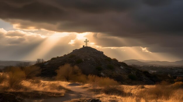 Cross on top of a hill spotlight from the clouds sun cloudy generative AI