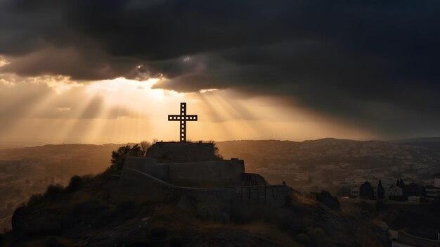 Cross on top of a hill spotlight from the clouds sun cloudy generative AI