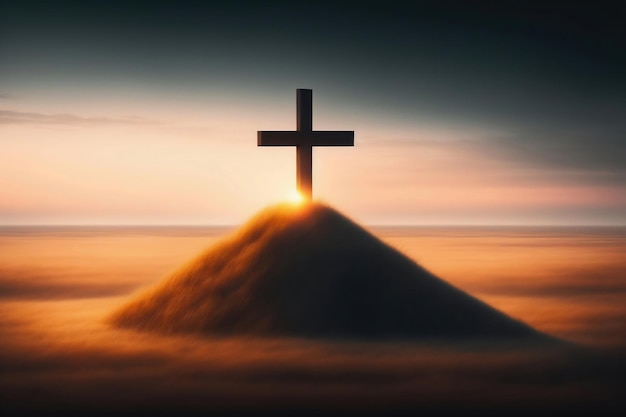 A cross on top of a hill with the sun setting behind it