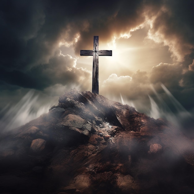 Cross on the top of a mountain against a dramatic sky with clouds