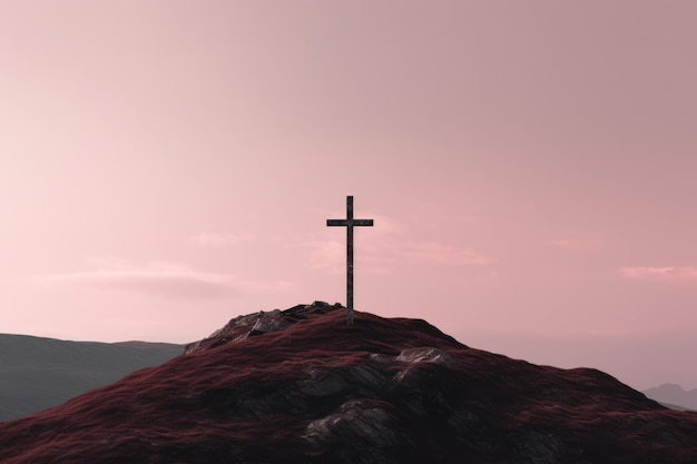 Cross on Top of Mountain Selective Focus Dark Bronze and Pink RTX On Minimalist AI Generated