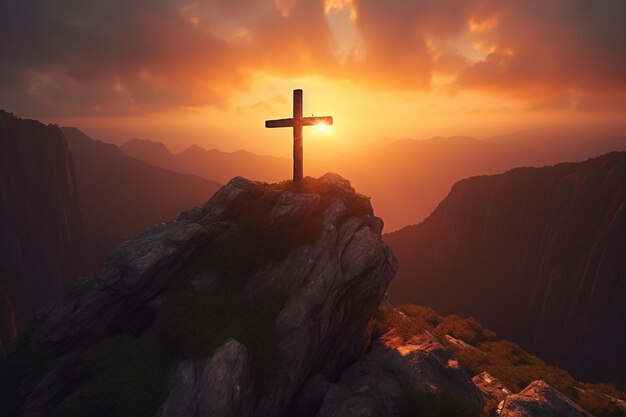 Cross on the top of the mountain at sunset 3d render