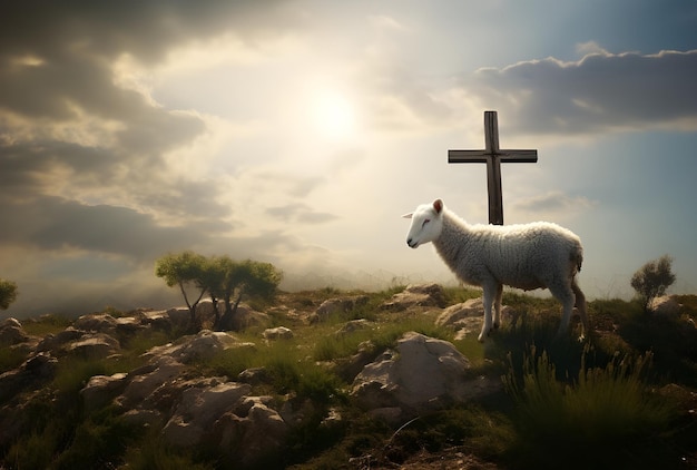 Foto una croce in cima alla montagna al tramonto agnello risuscitato di pasqua vicino alla croce