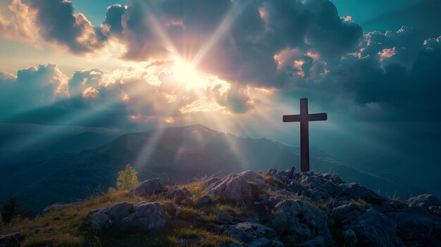 Foto croce in cima a una montagna con la luce del sole che attraversa le nuvole immagine cristiana ispiratrice