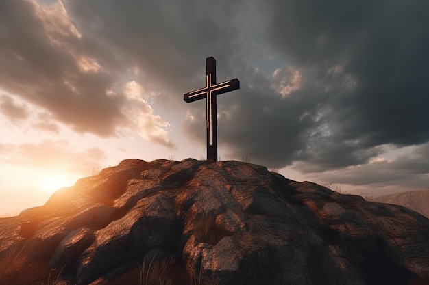 Cross on the top of the mountain with sunset background