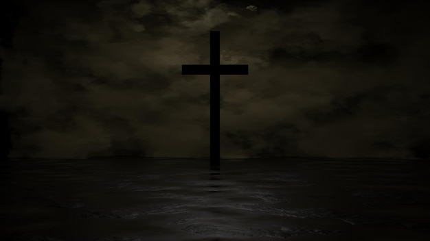 A cross in the water with clouds behind it