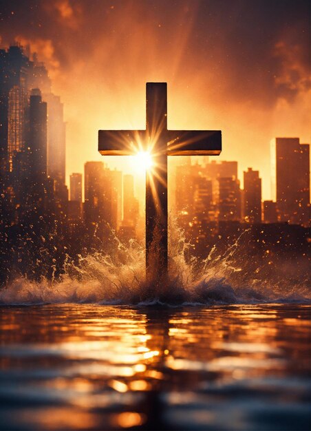 a cross in the water with the sun behind it