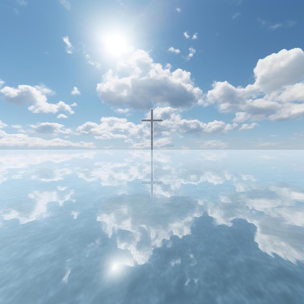 Photo a cross in the water with the sun shining on the sky