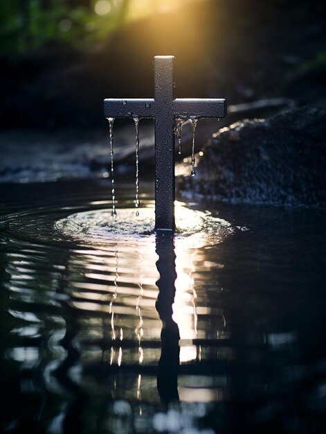 a cross in the water with the sun shining through it.